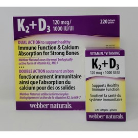 Webber Naturals K2 + D3 120 mcg/1000 IU, Supports Healthy Immune Function - 220 softgels