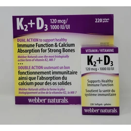 Webber Naturals K2 + D3 120 mcg/1000 IU, Supports Healthy Immune Function - 220 softgels