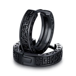 Black Creole Earrings Silver 925 Men's Viking Rune/Eye of Horus Earrings Hoop Earrings Unisex Jewellery for Men Women, Sterling Silver, No Gemstone