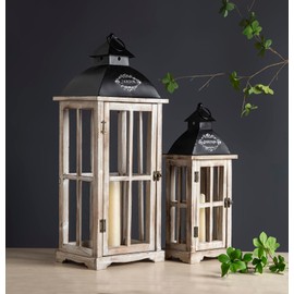 Set of 2 Large Decorative Wooden Metal Lanterns, Farmhouse Rustic Floor Candle Lanterns, Indoor/Outdoor Hanging Lanterns for Home Decor (No Glass)