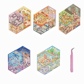 20 Sets 3D Sticker Scenes Books with Tweezers,Cute Fun DIY 3D House Stickers Make Your Own Miniature Room Classroom Kitchen Gym Coffee Shop for Adult Therapy Relief Stress Pass The Time