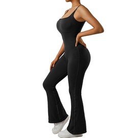 MOOSLOVER Women Ribbed One Piece Flare Jumpsuits Sleeveless Square Neck Tank Tops Rompers(S,Black)
