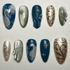 24 Pcs Blue Press on Nails Short Almond Nail Tips,YEFIUO