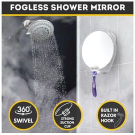 HONEYBULL Fogless Shower Mirror with Suction Mount & Swivel – Anti-Fog Acrylic Bathroom Mirror for Shaving – Built-in Razor Holder, Easy Install, Home Shower Accessory (White)