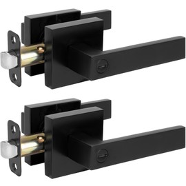 HOSOM Privacy Door Handles with Lock and Key Interior Door Handle for Bedroom Bathroom Keyless Modern Square Lever Door Handle Set Matte Black Door Lock Door Knob, 2 Pack
