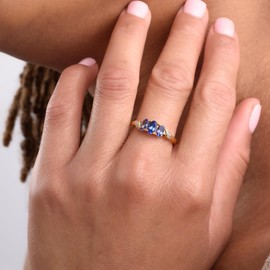 TJC Tanzanite Three Stone Ring for Women in 14ct Gold Overlay 925 Sterling Silver Forever Together Size N Blue Coloured December Birthstone