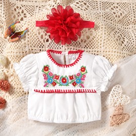 HINTINA 6 Month Infant Baby Girl Mexican Ethnic Embroidery Floral Shorts Clothes Set Traditional Mexico Themed Cinco De Mayo Fiesta Outfits 6-12 Months