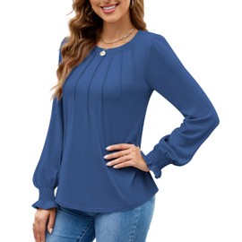 Funlingo Womens Tops Dressy Casual Fall Shirts Ruffle Long Sleeve Tunic Blouse Knit Scoop Neck Oversized Tshirts Flattering Tops to Hide Tummy Deep Blue M