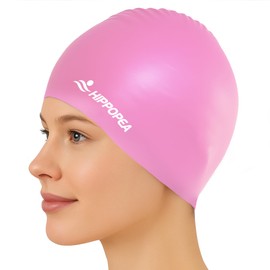 HIPPOPEA Large Swim Cap for Long Hair Women, Dreadlocks, Weaves, Hair Extensions, Braids, Curls & Afros - 3D Ergonomic Design Silicone Swim Cap Woman Kids Men Adults Boys Girls (Basic - Pink)