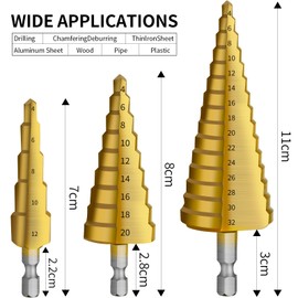 HPMAISON 3pcs HSS Step Bits, High Speed Steel Step Drill Bit Set (4-12mm, 4-20mm, 4-32 mm) Hex Shank Metric, Gold Titanium Straight Grooved Cone Drill Bit Hole Cutter for Wood, Plastic and Sheet Metal