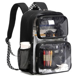 QONESSMAO Clear Backpack Heavy Duty -17 Inch Extra Large Bookbag, Reinforced See Through Security Fabric & PVC Transparent Backpack for Stadium Events, Travel, Work, College, Black