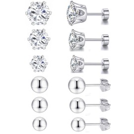 Surgical Stainless Steel Earrings Pack for Women Men Hypoallergenic Flat Screw Back Helix Post Cubic Zirconia Simulated Diamond Round Ball Stud Multipack Earringssimple Stud
