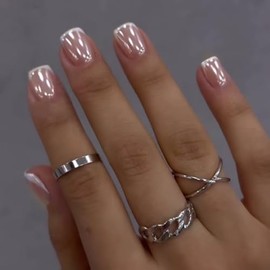 24 Uñas Postizas Cuadradas Con Punta Francesa, Uñas Postizas Con Brillo Perlado, Uñas Acrílicas Brillantes Con Cobertura Total, Uñas Postizas Con Pega