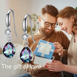 POPLYKE Teardrop Rainbow Quartz CZ Earrings Dangle 925 Sterling Silver Moonstone Earrings for Women Birthday Gifts, Sterling Silver, Created Cubic Zirconia