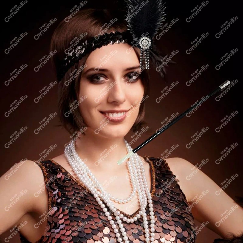 Grupo Carnavallia Kit Charleston Accesorios Diadema Pluma Negra Collar Pipa