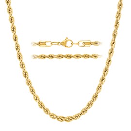 KISPER 18k Gold Hip Hop Braided Rope Chain Necklace – 5mm Gold Plated Solid Stainless Steel Durable Jewelry for Women & Men with Lobster Clasp, 36"