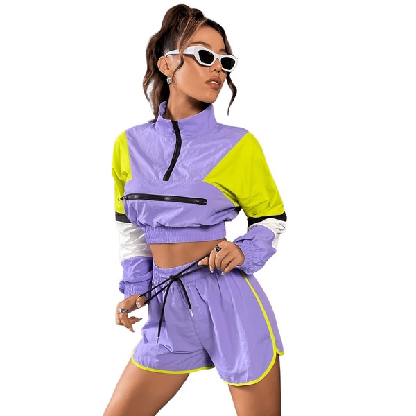 SweatyRocks Women's 2 Piece Tracksuit Colorblock Half Zip Crop Sweatshirt