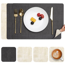 Myir JUN Washable Leather Placemats and Coasters, Double-Sided Place Mats Set of 4 Non-Slip Placemats Leather Faux Leather Place Mats (Grey Cream White, Set of 4)