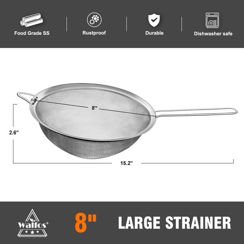 Walfos Fine Mesh Strainer, Premium Stainless Steel Sieve and Sifter,