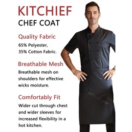 KITCHIEF Black Chef Coat With Mesh Lightweight Chef Jacket Men Short Sleeve Chef Uniform for Kitchen,Restaurant,Bakery, Black