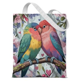 QYCFDXD Cute Couple Birds Flower Canvas Tote Bag Women Girls Colorful Birds Reusable Grocery Shoulder Bag for Travel Shopping Gym Couple Gift for Her