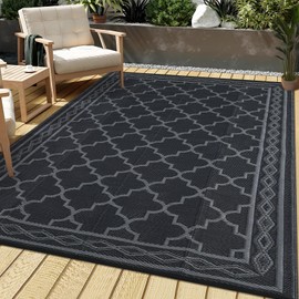 GarveeHome Outdoor Rug 9x12 Waterproof for Patio Clearance Large Plastic Straw Mat for Camping Reversible Plastic Outdoor Rug for RV, Patio, Backyard, Deck, Picnic, Beach, Grey/Black(Geometric)