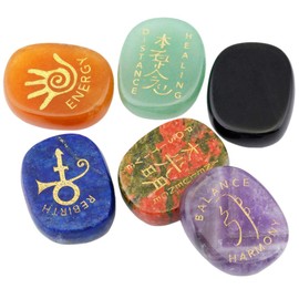 mookaitedecor Chakra Stones Set Engraved Polished Reiki Chakras Healing Stones Palm Stones for Reiki Balancing