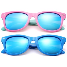 COASION Kids Sunglasses Age 4-12, 2 Pack Girls Boys Polarized TPEE Rubber Flexible Shades Glasses for Big Kids (Pink Green Frame/Blue Mirror Lens+Bright Blue Frame/Blue Mirrored Lens)