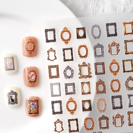 Irregular Frame Retro Nail Art Stickers Brown Photo Frame Nail Decals 3D Self Adhesive Golden Frame Designs Nail Stickers Cute Nail Art Decals Decals Nail Art Stickers for Nail DIY Manicure 1Pcs