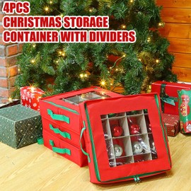 Thyle 4 Pcs Christmas Ornament Storage Box with Dividers 13 x 13 x 3.15 Inches Red Ornament Holder Trays with Zipper Handles Transparent Top Christmas Storage Containers Holiday Ornament