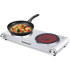 Hot Plate, Techwood Electric Stove Countertop Double Burner for Cooking Infrared Ceramic 1800W Dual Cooktop With Adjustable Temperature Control Brushed Stainless Steel Easy To Clean Upgraded Version