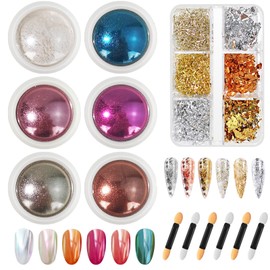 HavaCue 6 Farben Chrome Nail Powder mit Schachtel Glitter Goldfolie, Cromepulver Nägel Deko, Neonail Glassy Pearl Effect Nail Powder, Holographische Pigment für Nägel Nagelpuder für Harz Handwerk
