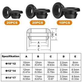 Realure Pack of 50 Rubber Grommets, Flexible Cable Grommet, Rubber ID 10 mm, 12 mm, 14 mm, Waterproof Rubber Plug Set with Hole, Black Electrical Conductor Seal Ring for Protection of Wires, Cable
