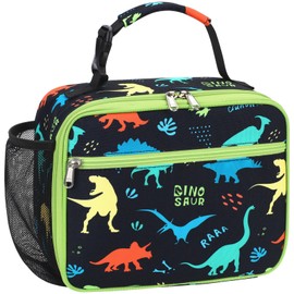 BrainyBees Insulated Kids Lunch Bag - Reusable Boys Lunch Box with Water Bottle Holder Toddler Lunch Tote Bag for Daycare and School, Easy to Clean, Black Dinosaur