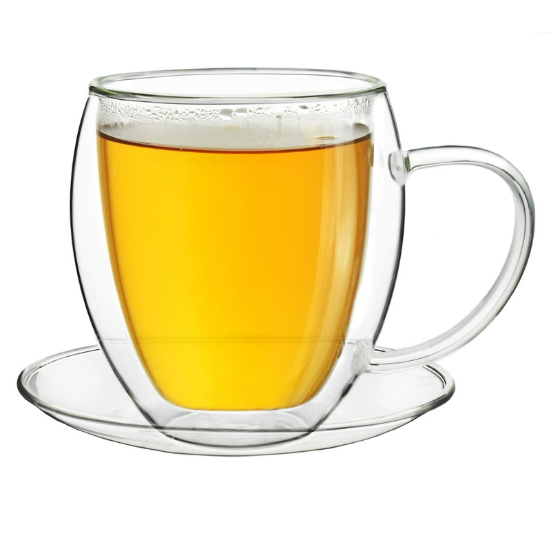 Creano Double Walled Coffee Glasses with Handle & Saucer 250ml