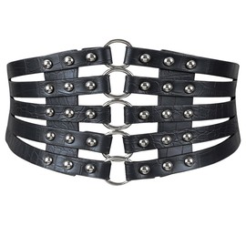 MEGAUK Women's Leather Belt Wide Rivets Belt Elastic Waist Belt Vintage Rivet Belt Hip Belt Tie Belt Lolita Corset with Ring Buckle Design, Black + Silver