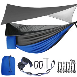 Camping Hammock with Mosquito Bug Net Tent and Rain Fly Tarp, Portable Single Double Nylon ParachuHammock with Heavy Duty Tree Strap for Backpacking Travel Survival Hiking Outdoor Activities (Blue)