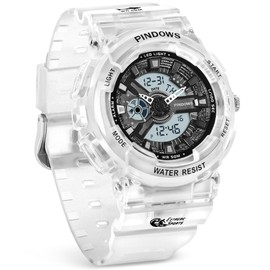 PINIDOUS Women's Watches for Women Teenager Students Watch Outdoor Waterproof Digital Sport Analogue Watches for Women with Stopwatch Alarm Countdown Dual Display 7 Colours LED Backlight, transparent,