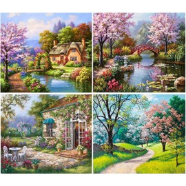 TARATH 4 Pieces Paint by Numbers Adults, Wrinkle-Free DIY Oil Painting on Canvas with Brushes Acrylic Pigment Landscape 40 x 50 cm (without Frame)