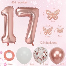 17th Birthday Decorations Girl with Butterfly Decor and Rose Gold Balloons, Rose Gold 17th Birthday Girl Party Decorations with 40 in Number Balloons