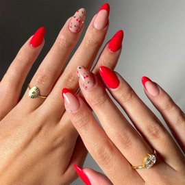 Valentine Press on Nails Red French Tip Fake Nails Short Almond Acrylic Nails Cherry False Nails with Diamond Designs Cute Stick on Nails Reusable Glue on Nails for Women Girls 24Pcs