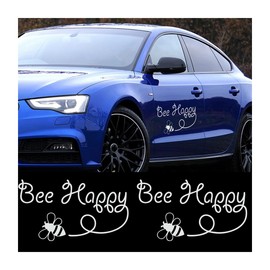JNNJ Pack of 2 Bee Happy Bumblebee Fun Window Car Sticker Vinyl Sticker, Car Sticker, Sticker for Car Window, Cute Funny Lettering Sticker (White)