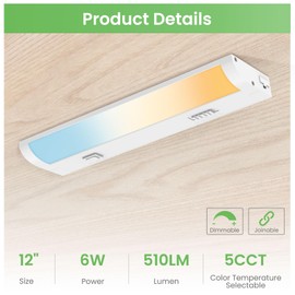 Under Cabinet LED Lights 12 Inch 6W 510LM, 5 Color Temperature 2700K/3000K/3500K/4000K/5000K Dimmable Under Counter Lights for Kitchen, Under Cabinet Light Fixture Interconnection up to 20 Lights