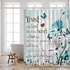 Inspirational Quote Shower Curtains Teal Daisy Floral Butterfly Trust in The Lord Motivational Words Farmhouse Vintage Old Wooden Plank Background Bathroom Decor Fabric Curtain 70 x 70 Inch with Hooks
