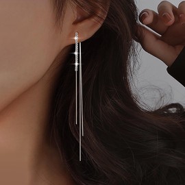 TseenYi Long Tassel Earrings Silver CZ Bar Dangle Earrings Long Tassel Chain Thin Earrings Chain Long Fringe Front Back Earrings Long Drop Earrings Jewelry for Women and Girls