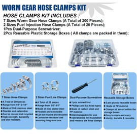 CAROTUPY 221PCS Hose Clamp Assortment Kit, 304 Stainless Steel Hose Clamps Adjustable 1/4"-2-3/4"(6-70mm), with Fuel Line Clamps and Screwdriver for Automotive, Plumbing and Mechanical Application