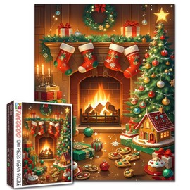 Christmas Fireplace Jigsaw Puzzles for Adults 1000 Pieces Stockings and Christmas Tree Art Jigsaw Puzzles for Challenging Family Activity Games DIY Craft Home Festive Decorations Gifts 20x27 Inches