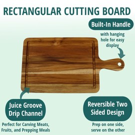 EcoDecors 15.5"x8.5" Teak Cutting Board with Handles, FSC Certified Edge Grain Wood, Small Kitchen Prep Board for Cheese & Charcuterie