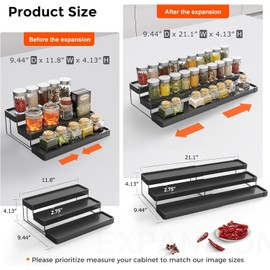 INVOCOO Expandable Spice Rack Organizer - 3 Tier Adjustable Spice Organizer for Cabinet & Countertop - Easy Visibility - Black