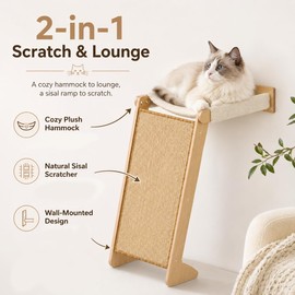 Wall Mounted Cat Scratcher with Hammock, 2-in-1 Cat Wall Furniture with Sisal Scratching Ramp, Wooden Frame Climbing Shelf, Space-Saving Perch for Lounging, Scratching and Resting